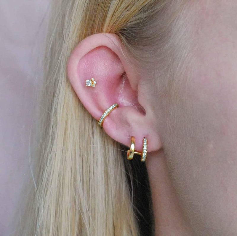 Obidos 14K Gold Plated Triple Huggie Illusion Stud Earrings | Double Huggie Hoop Earrings for One Hole | Gold Hoop Earrings for Women | Drop earrings - Image 3
